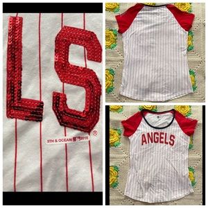 Women's Los Angeles Angels New Era Red Team Stripe T-Shirt.